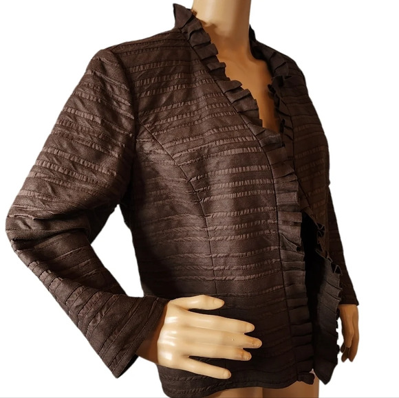 Lafayette 148 brown linen cotton ruffle blazer.  Women's size 14. - Picture 1 of 15